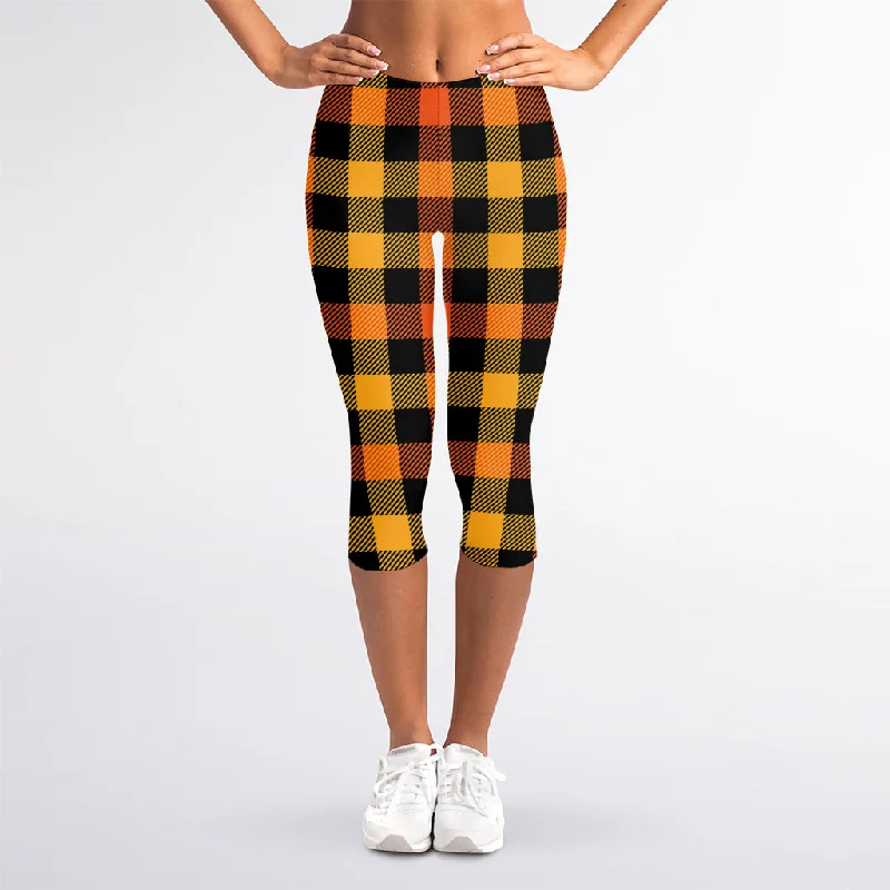 Orange And Black Buffalo Plaid Print Women's Capri Leggings Cozy Full-Length Workout Leggings Orange And Black Buffalo Plaid Print Women's Capri Leggings Cozy Full-Length Workout Leggings