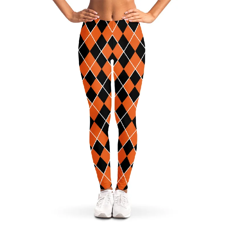 Orange And Black Halloween Argyle Print Women's Leggings Fashionable Embroidered Detail Leggings Orange And Black Halloween Argyle Print Women's Leggings Fashionable Embroidered Detail Leggings