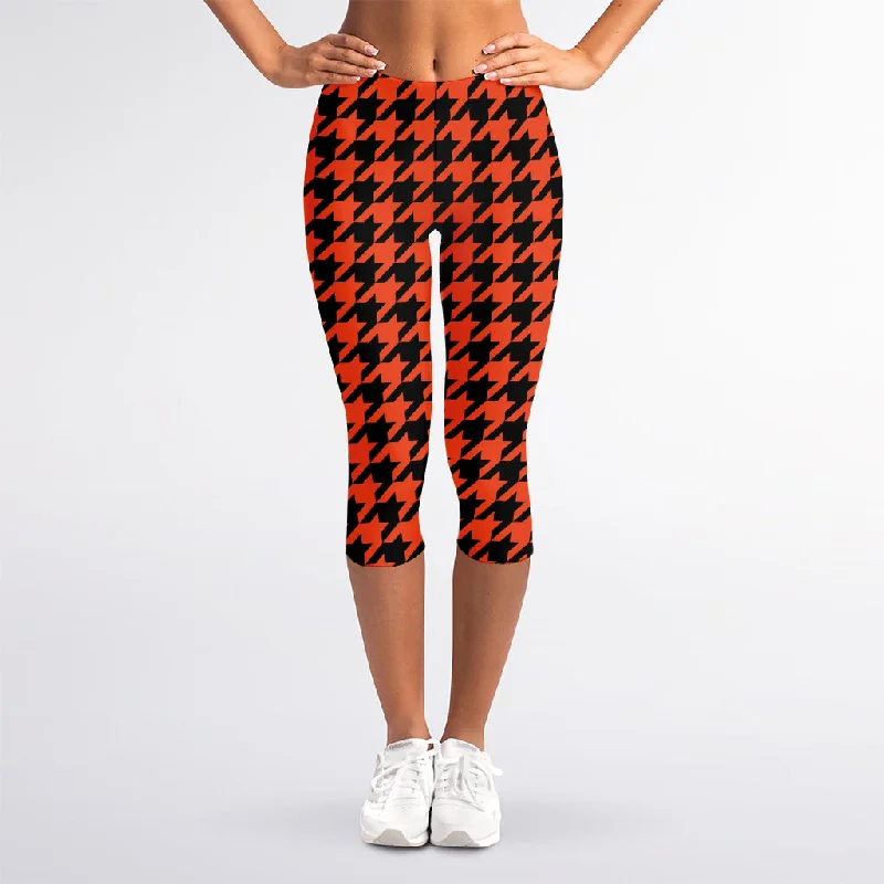 Orange And Black Houndstooth Print Women's Capri Leggings Comfortable Bootcut Workout Leggings Orange And Black Houndstooth Print Women's Capri Leggings Comfortable Bootcut Workout Leggings