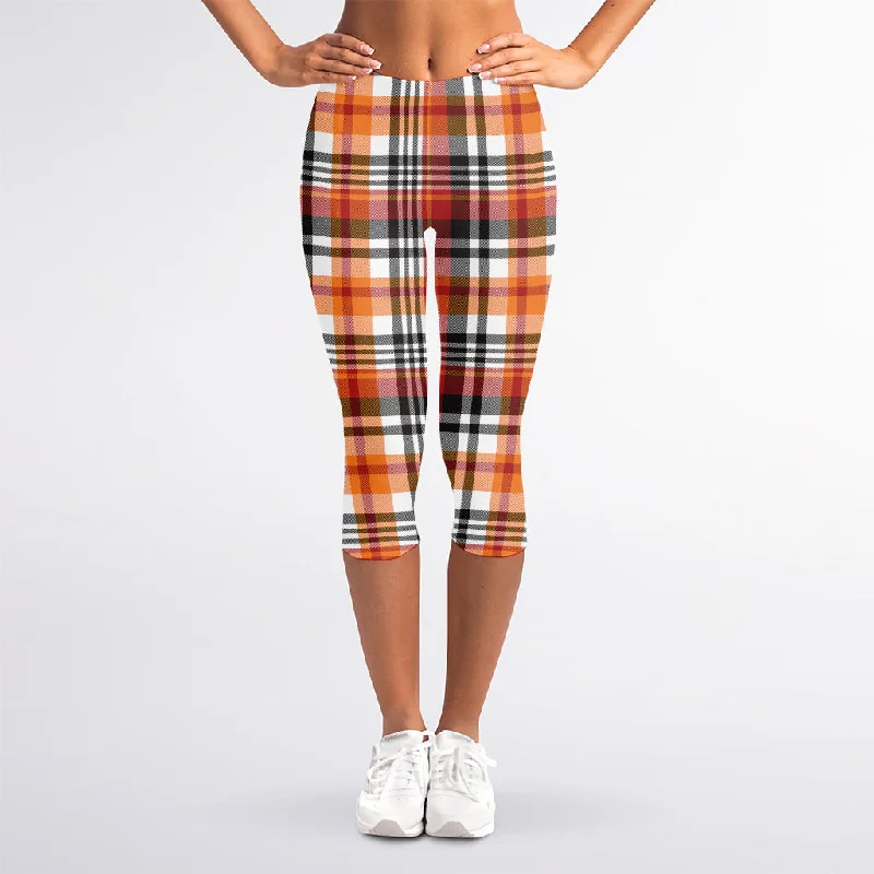 Orange And Black Madras Plaid Print Women's Capri Leggings Casual Black Leggings