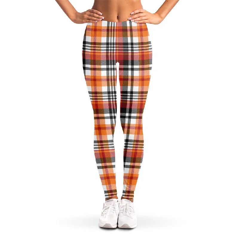 Orange And Black Madras Plaid Print Women's Leggings Fashionable Solid Color Tights