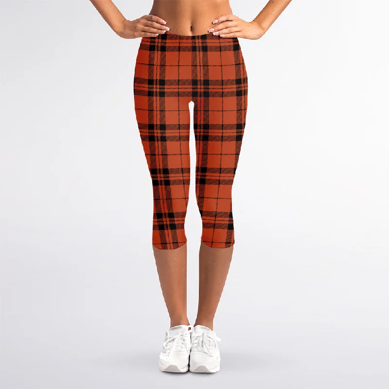 Orange And Black Tartan Pattern Print Women's Capri Leggings Trendy Color Block Leggings Orange And Black Tartan Pattern Print Women's Capri Leggings Trendy Color Block Leggings