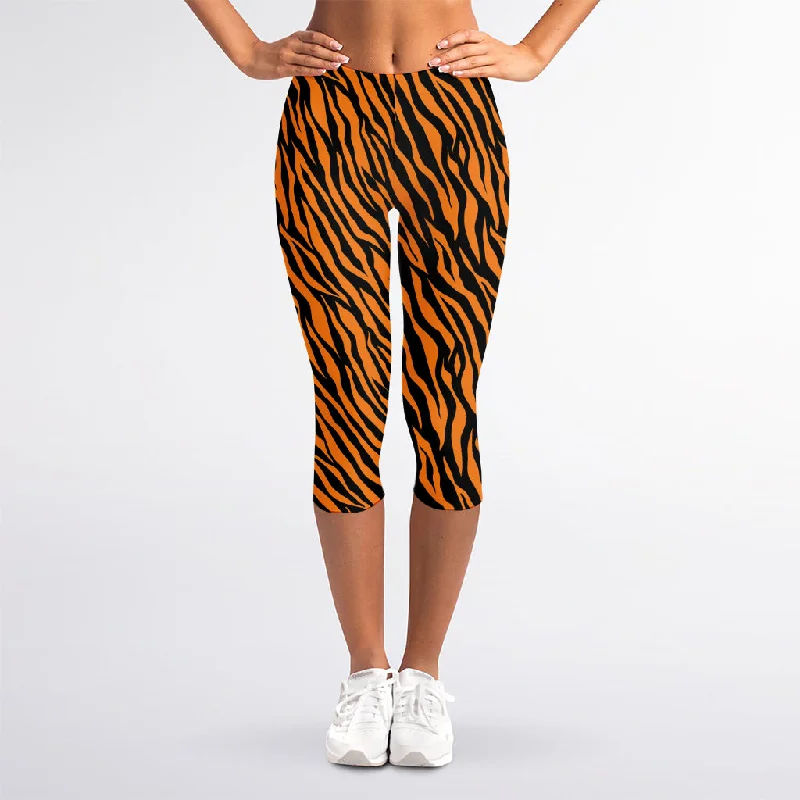 Orange And Black Tiger Stripe Print Women's Capri Leggings Fashionable Sports Leggings Orange And Black Tiger Stripe Print Women's Capri Leggings Fashionable Sports Leggings