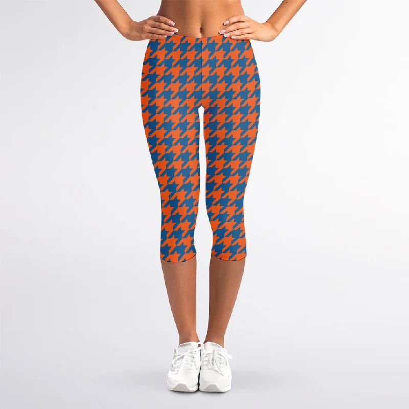 Orange And Blue Houndstooth Print Women's Capri Leggings Comfortable Capri-Length Leggings Orange And Blue Houndstooth Print Women's Capri Leggings Comfortable Capri-Length Leggings