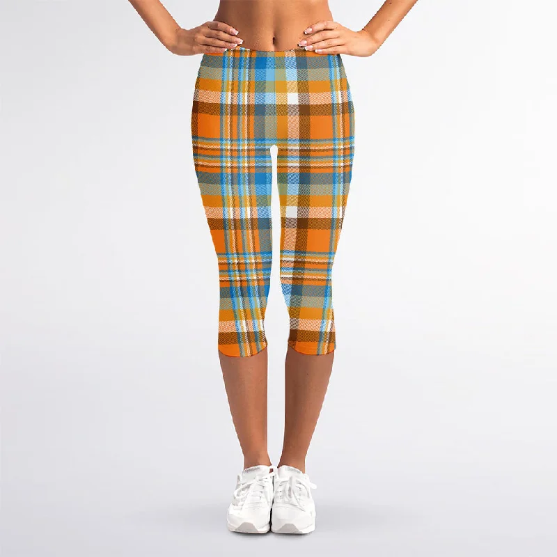 Orange And Blue Madras Pattern Print Women's Capri Leggings Stylish Faux Leather Leggings Orange And Blue Madras Pattern Print Women's Capri Leggings Stylish Faux Leather Leggings