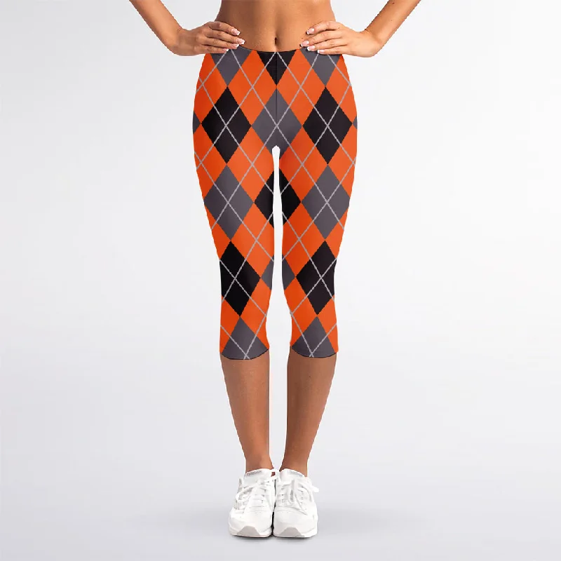 Orange And Grey Halloween Argyle Print Women's Capri Leggings Fashionable High-Rise Leggings Orange And Grey Halloween Argyle Print Women's Capri Leggings Fashionable High-Rise Leggings