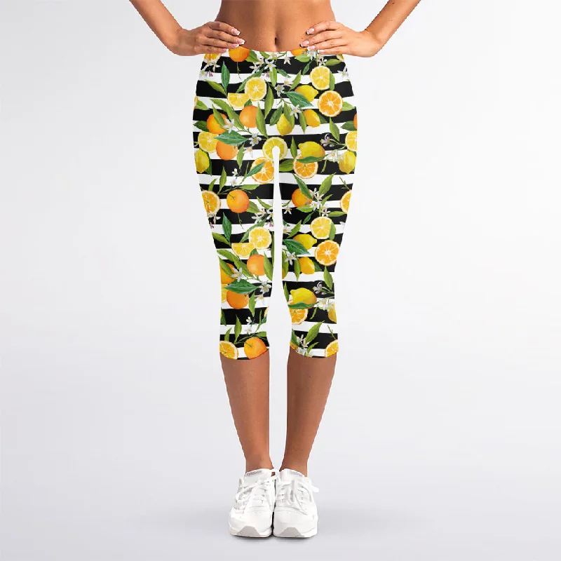 Orange And Lemon Striped Pattern Print Women's Capri Leggings Trendy Ombre Effect Leggings Orange And Lemon Striped Pattern Print Women's Capri Leggings Trendy Ombre Effect Leggings