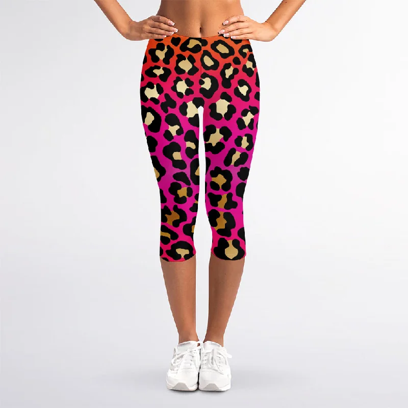 Orange And Purple Leopard Print Women's Capri Leggings Elegant Satin Finish Leggings Orange And Purple Leopard Print Women's Capri Leggings Elegant Satin Finish Leggings