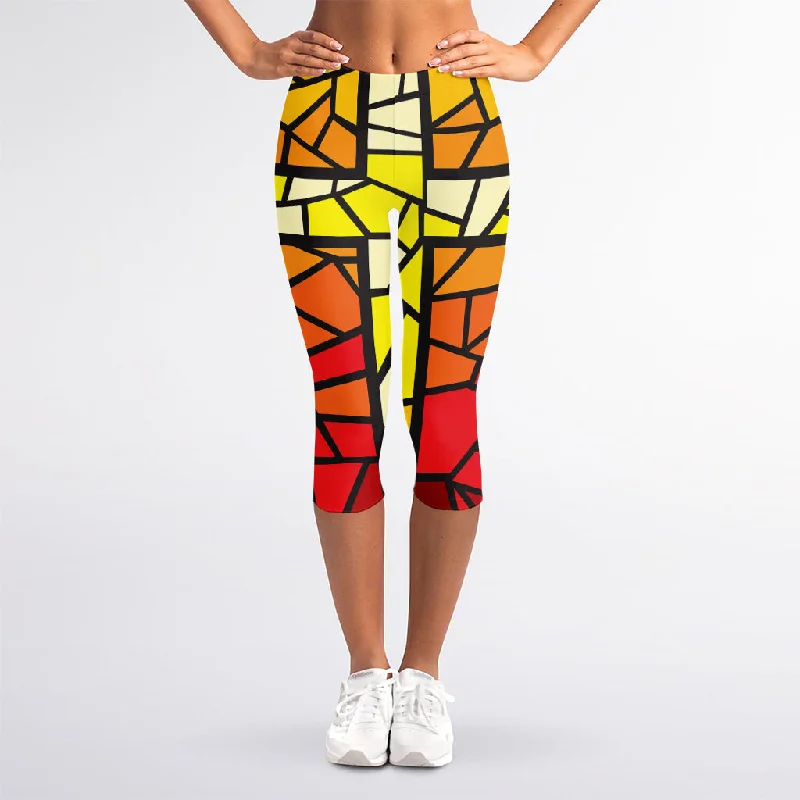 Orange And Red Stained Glass Cross Print Women's Capri Leggings Trendy Tie-Dye Leggings Orange And Red Stained Glass Cross Print Women's Capri Leggings Trendy Tie-Dye Leggings