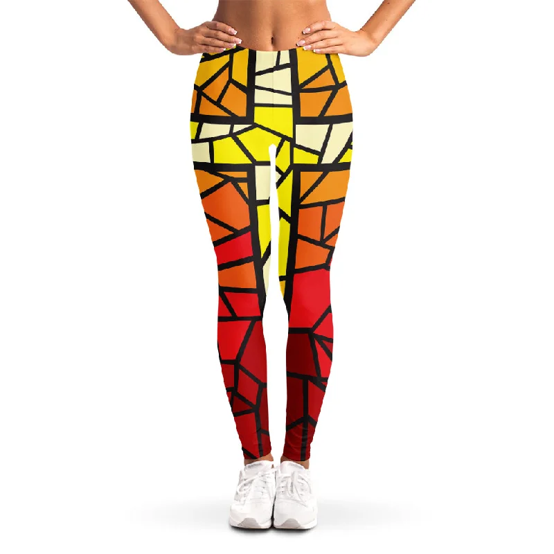 Orange And Red Stained Glass Cross Print Women's Leggings Stylish Sweat-Proof Leggings Orange And Red Stained Glass Cross Print Women's Leggings Stylish Sweat-Proof Leggings