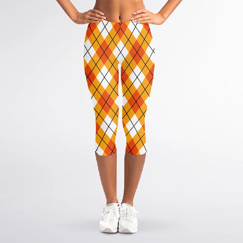 Orange And White Argyle Pattern Print Women's Capri Leggings Fashionable High-Rise Leggings Orange And White Argyle Pattern Print Women's Capri Leggings Fashionable High-Rise Leggings
