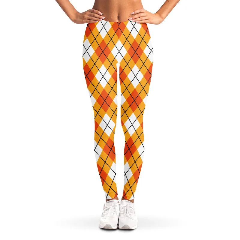 Orange And White Argyle Pattern Print Women's Leggings Elegant Stretchy Faux Leather Leggings Orange And White Argyle Pattern Print Women's Leggings Elegant Stretchy Faux Leather Leggings