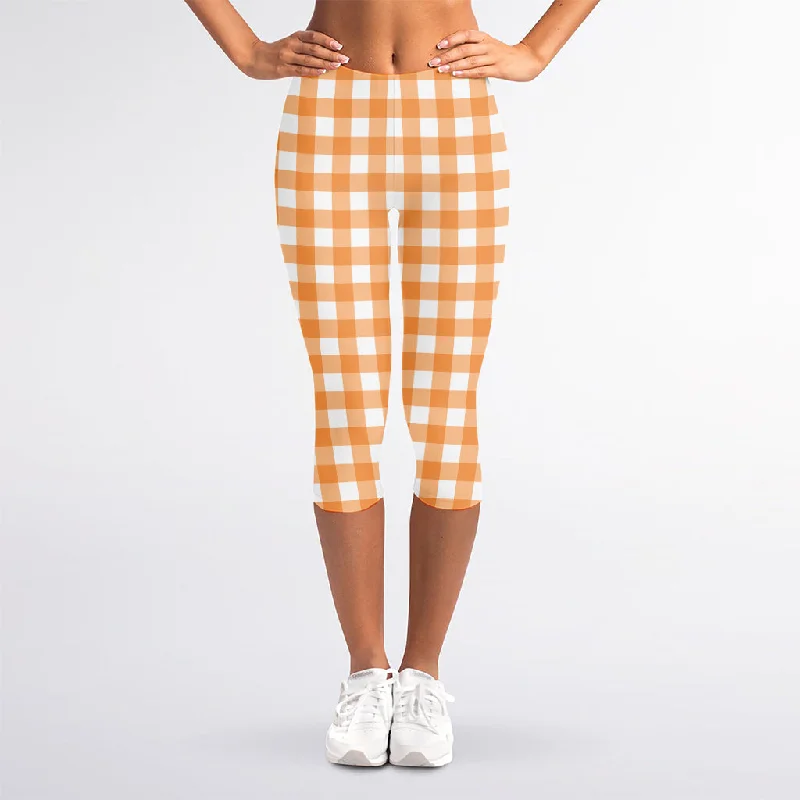 Orange And White Check Pattern Print Women's Capri Leggings Comfortable Capri-Length Leggings Orange And White Check Pattern Print Women's Capri Leggings Comfortable Capri-Length Leggings