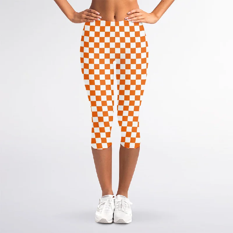 Orange And White Checkered Pattern Print Women's Capri Leggings Trendy Tie-Dye Leggings Orange And White Checkered Pattern Print Women's Capri Leggings Trendy Tie-Dye Leggings