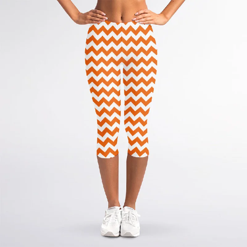 Orange And White Chevron Pattern Print Women's Capri Leggings Fashionable Lacy Detail Leggings Orange And White Chevron Pattern Print Women's Capri Leggings Fashionable Lacy Detail Leggings