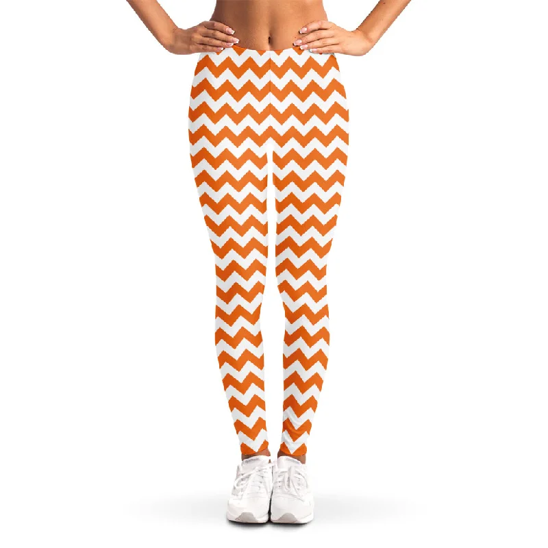 Orange And White Chevron Pattern Print Women's Leggings Fashionable High-Rise Workout Leggings Orange And White Chevron Pattern Print Women's Leggings Fashionable High-Rise Workout Leggings