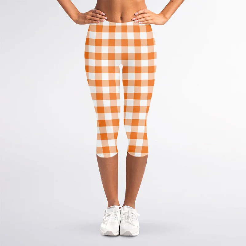 Orange And White Gingham Pattern Print Women's Capri Leggings Stylish Patterned Active Leggings Orange And White Gingham Pattern Print Women's Capri Leggings Stylish Patterned Active Leggings