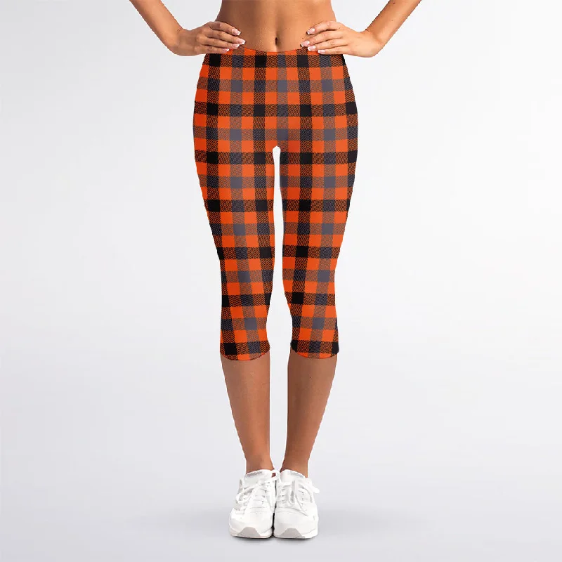 Orange Black And Grey Plaid Print Women's Capri Leggings Comfortable Workout Fitness Leggings Orange Black And Grey Plaid Print Women's Capri Leggings Comfortable Workout Fitness Leggings