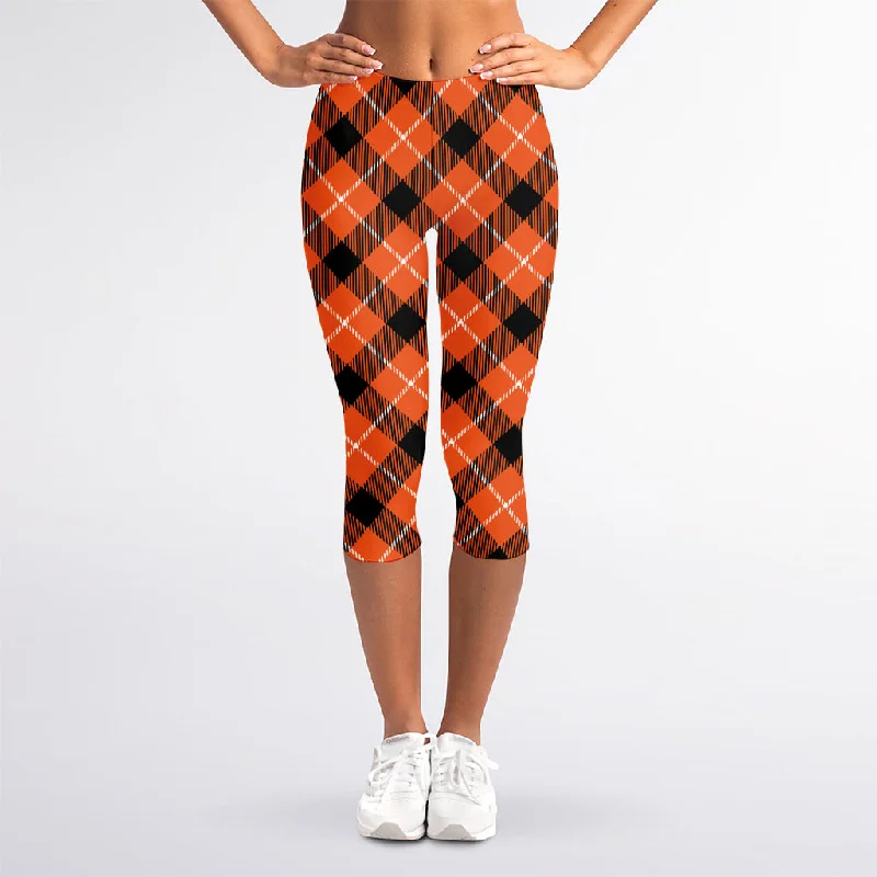 Orange Black And White Plaid Print Women's Capri Leggings Stylish Yoga Leggings