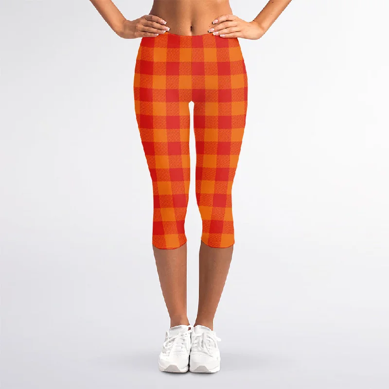 Orange Buffalo Check Pattern Print Women's Capri Leggings Classic Solid Color Leggings Orange Buffalo Check Pattern Print Women's Capri Leggings Classic Solid Color Leggings