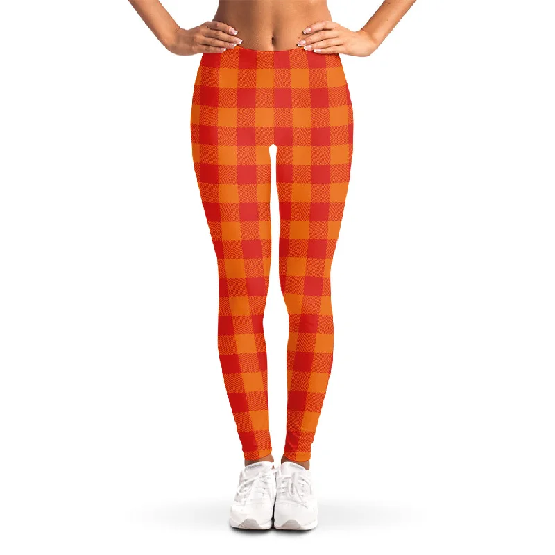 Orange Buffalo Check Pattern Print Women's Leggings Trendy Adjustable Waist Leggings Orange Buffalo Check Pattern Print Women's Leggings Trendy Adjustable Waist Leggings