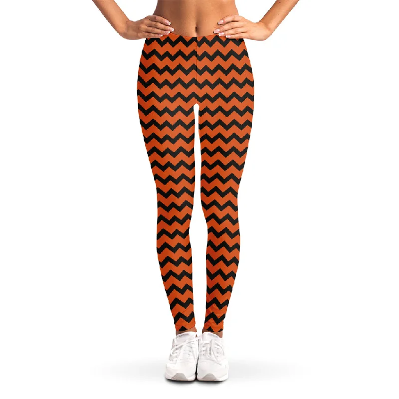 Orange Halloween Chevron Pattern Print Women's Leggings Comfortable Fleece-Lined Leggings Orange Halloween Chevron Pattern Print Women's Leggings Comfortable Fleece-Lined Leggings