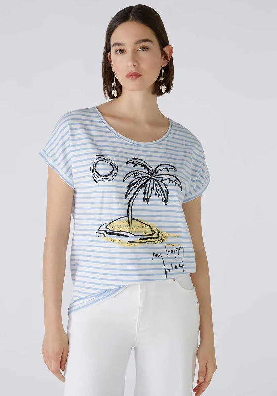 Oui Striped Palm Tree T-Shirt, Light Blue & White Front Pockets Side Pockets Patch Pockets