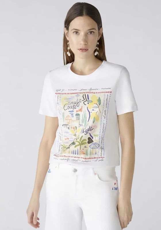 Oui Summer Graphic T-Shirt, White Print Jacquard Patchwork