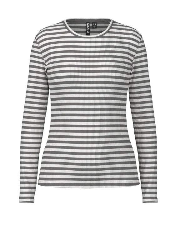 Pieces Ruka Striped Ribbed T-Shirt, Grey Embroidered Appliqued Beaded