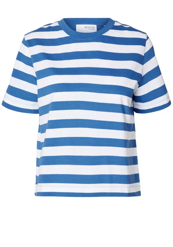 Selected Femme Essential Striped Boxy T-Shirt, Super Sonic Striped Floral Plaid