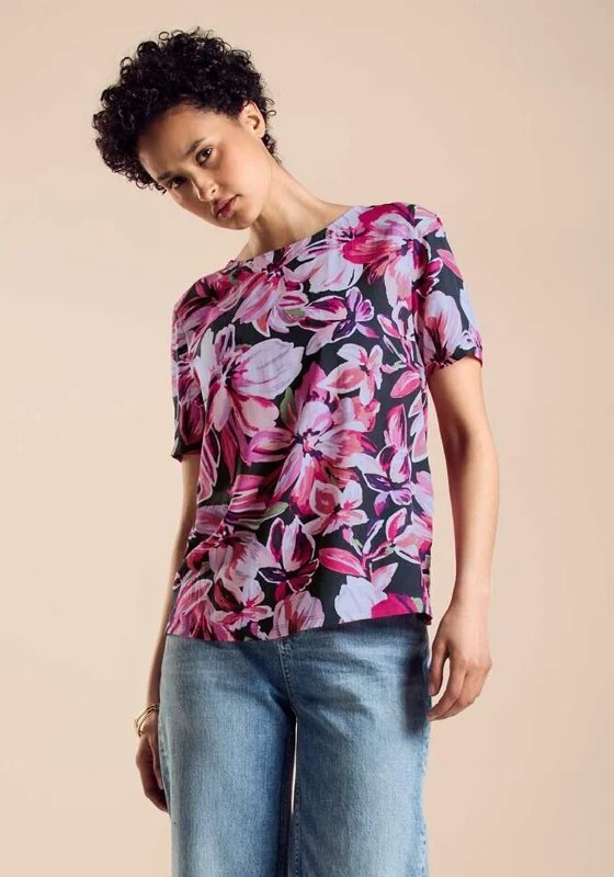 Street One Floral Printed T-Shirt, Magnolia Pink Collared Crew Neck Turtle Neck