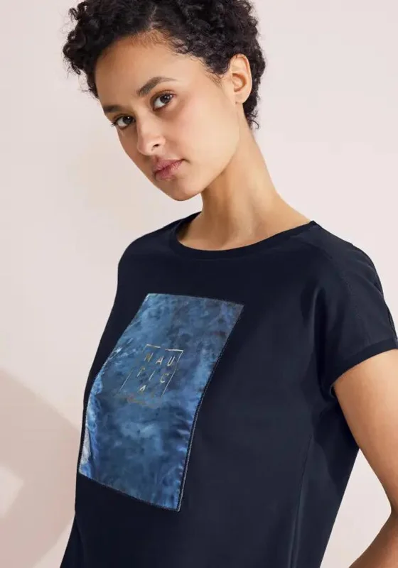 Street One Printed Patch T-Shirt, Deep Blue Sequined Glittery Shiny