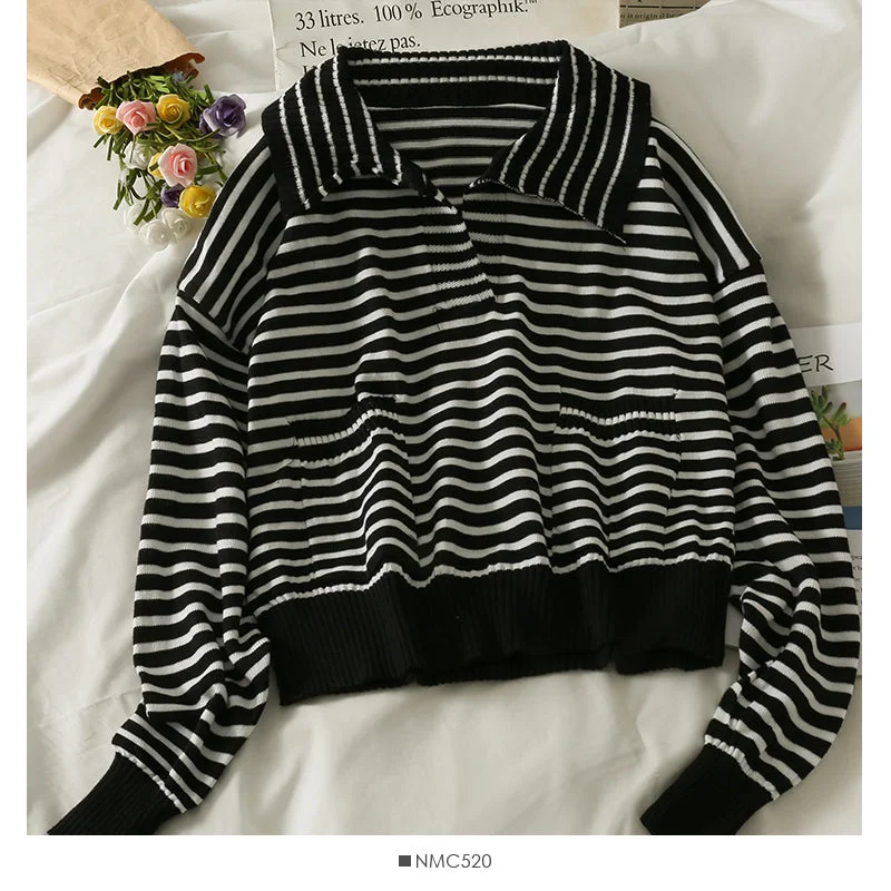 Striped loose thin Lapel long sleeve bottomed Shirt Top  1960 Anti-Shrink Durable Soft