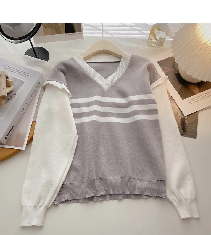 Striped V-neck color blocking long sleeve T-shirt  6615 Zippered Buttoned Snapped