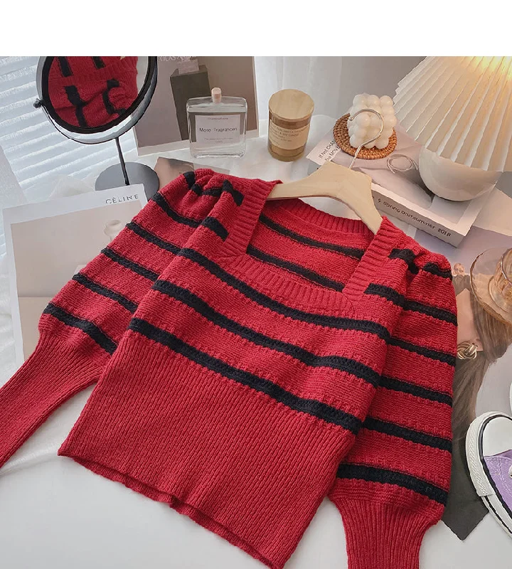 Striped Vintage square neck T-shirt short temperament top 6548 Zippered Front Buttoned Front Snap Front Striped Vintage square neck T-shirt short temperament top 6548 Zippered Front Buttoned Front Snap Front
