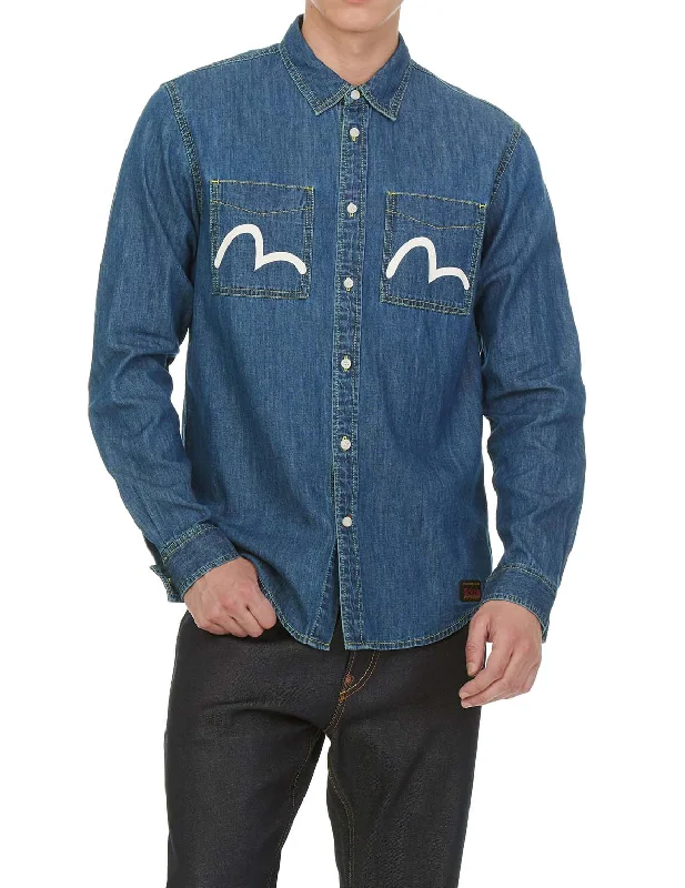 Denim Shirt with Daicock and Seagull Print Cotton Fabric Linen Fabric Terry Fabric