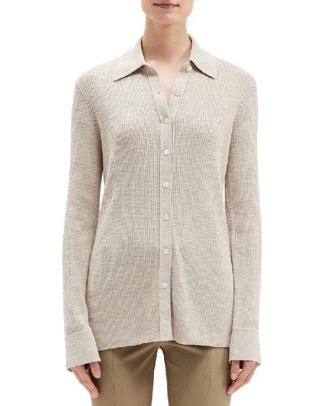 Theory Fine Rib Wool-Blend Button Shirt Solid Print Embellished