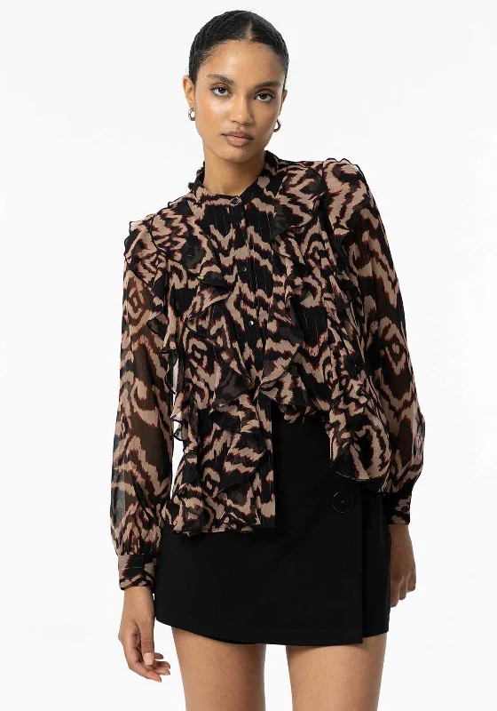Tiffosi Quimbe Printed Ruffled Chiffon Shirt, Black Hooded Caped Shawl Collar