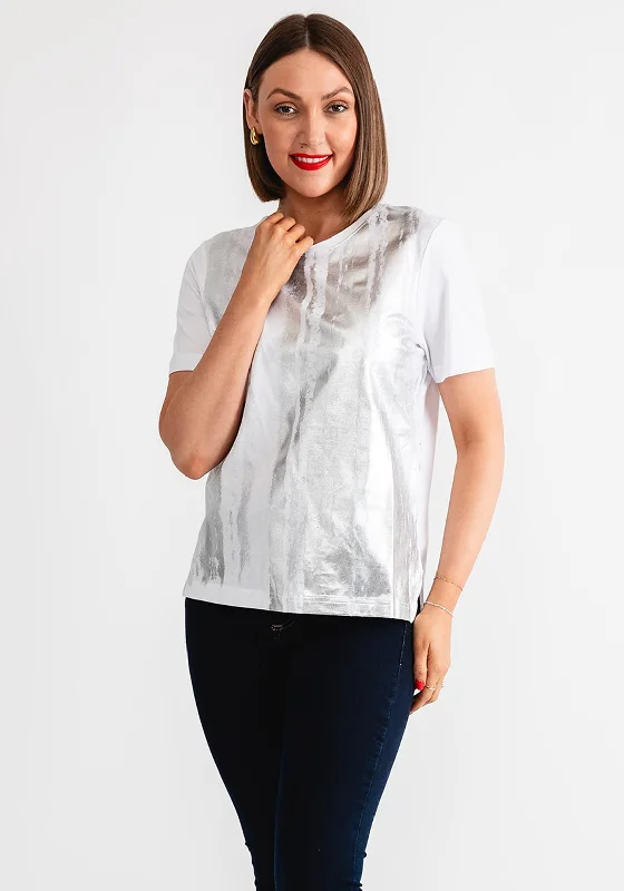 Tiffosi Womens Sofia Metallic T-Shirt, White & Silver Cozy Warm Stylish