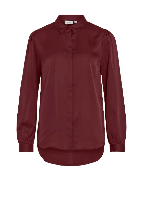 Vila Ellette Satin Shirt, Cabernet Hooded Caped Shawl Collar