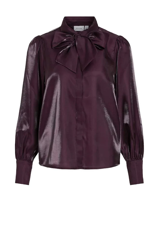 Vila Klarina Pussy Bow Sheen Shirt, Plum Perfect Layered Multi-layer Single Layer