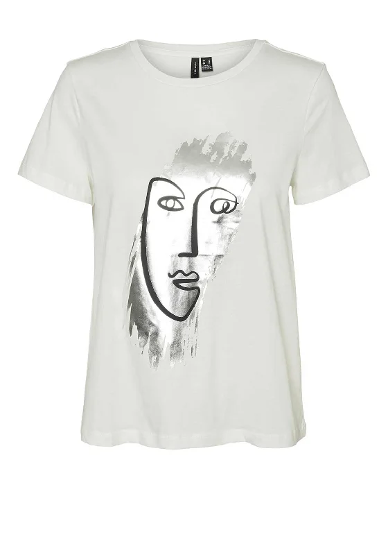 Vero Moda Abis Francis Metallic Abstract T Shirt, White Basic T-Shirt Crew Neck Short Sleeve