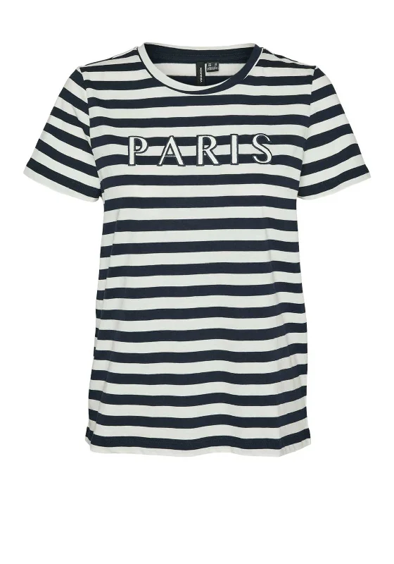 Vero Moda Fira Francis Paris Striped T Shirt, Navy Collared T-Shirt Boat Neck A-Line Vero Moda Fira Francis Paris Striped T Shirt, Navy Collared T-Shirt Boat Neck A-Line