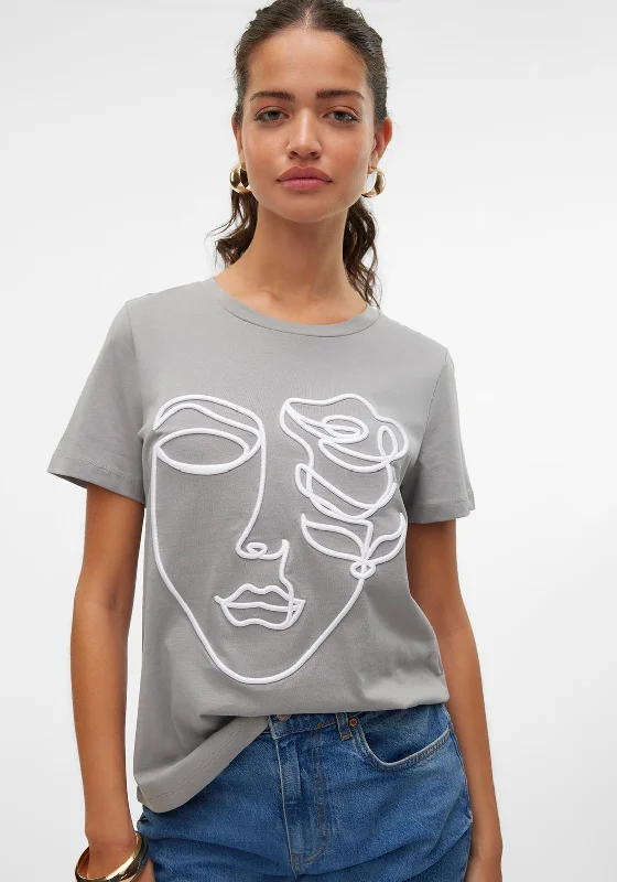 Vero Moda Line Rose Face T Shirt, Grey Spandex Blend Rayon Blend Denim Blend