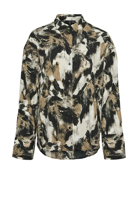 Vero Moda Pila Abstract Print Shirt, Beige Ribbed T-Shirt High Neck Heavyweight