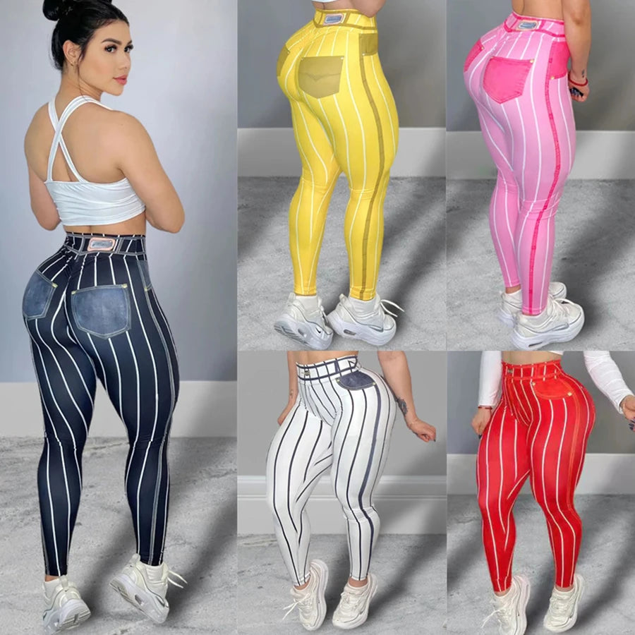 Women High Waist Sports Leggings Stripe Print Stretchable Yoga Pants Fashionable Printed Leggings Women High Waist Sports Leggings Stripe Print Stretchable Yoga Pants Fashionable Printed Leggings