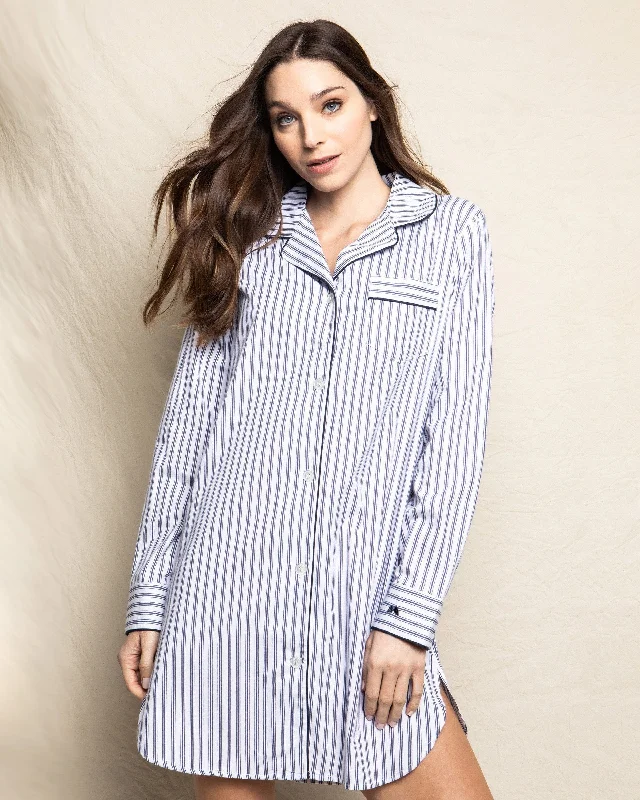 Women's Twill Nightshirt | Navy French Ticking Houndstooth Herringbone Solid