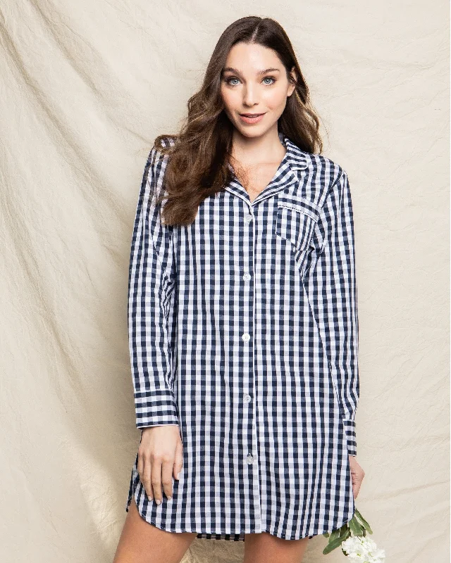 Women's Twill Nightshirt | Navy Gingham Striped Floral Plaid