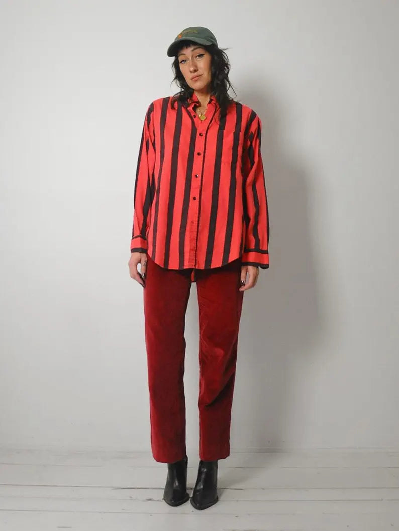 1980's Red Striped Shirt Polka Dot Checkered Tartan