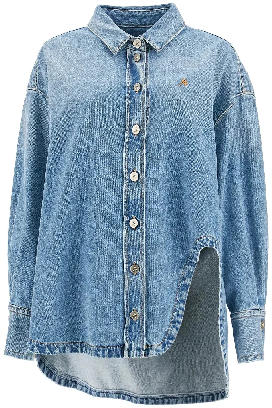 Asymmetric Denim Overshirt With  - Blue Hooded Caped Shawl Collar